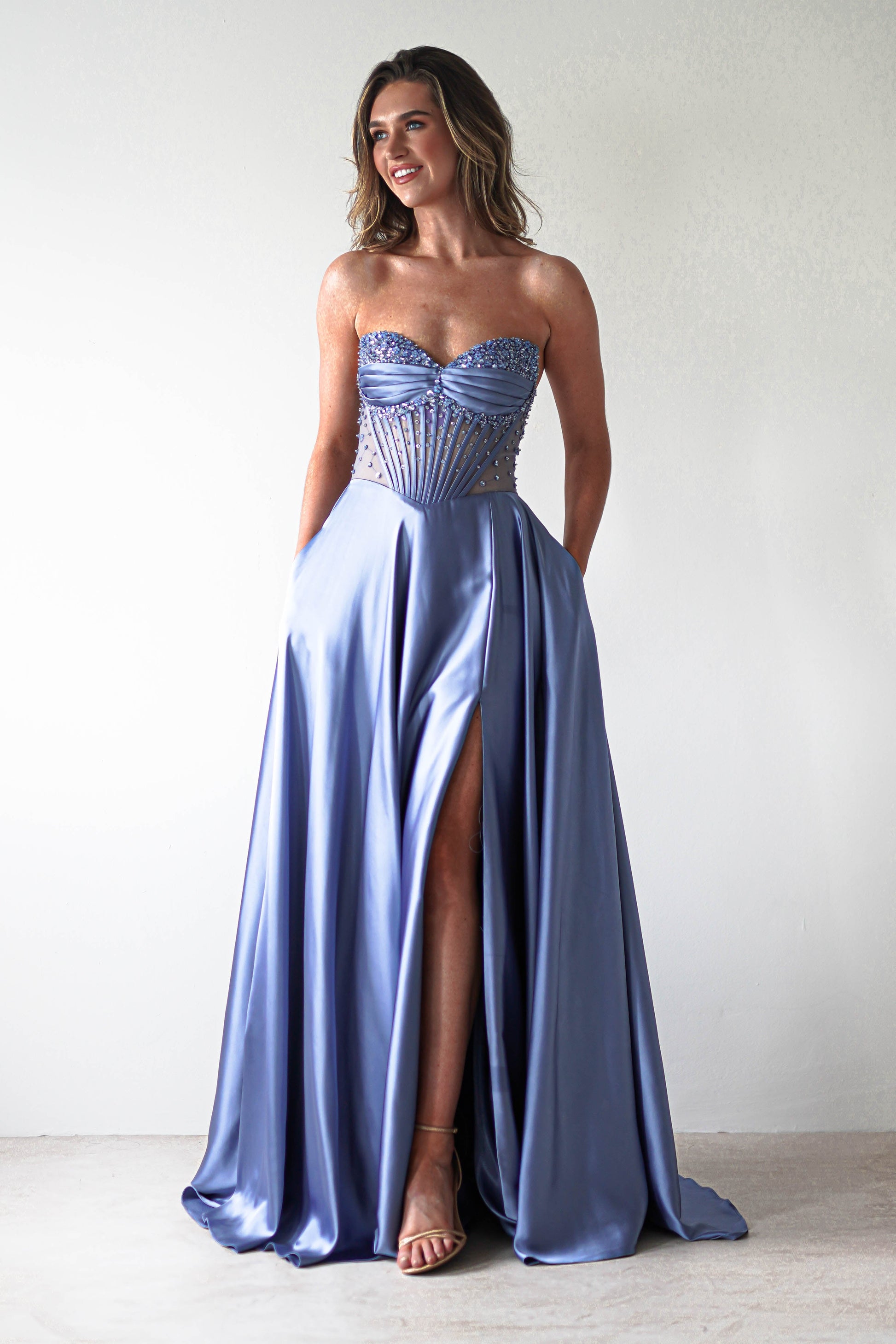 Tullie Satin A-Line Maxi Dress | Smokey Blue