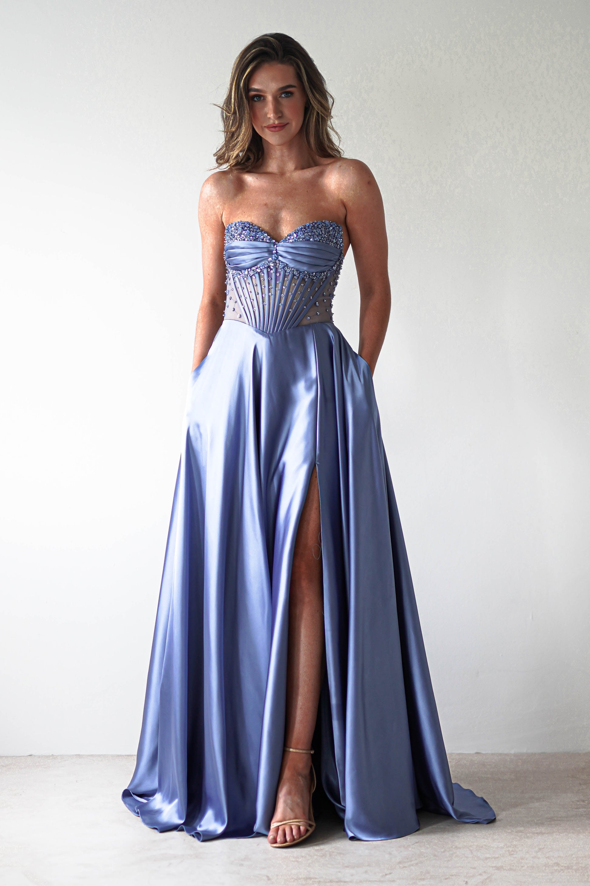 Tullie Satin A-Line Maxi Dress | Smokey Blue